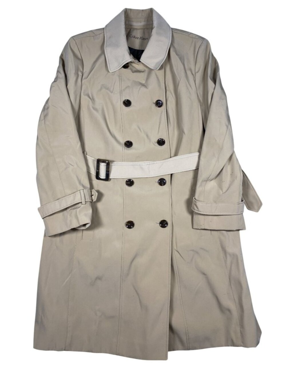 Calvin Klein Beige Double-Breasted Trench Coat Belt Waist Polyester Lining Women